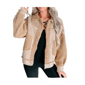 NanaMacs Hold You Near Jacket Tan Faux Suede Sherpa Lined Long Sleeves Snap Fron